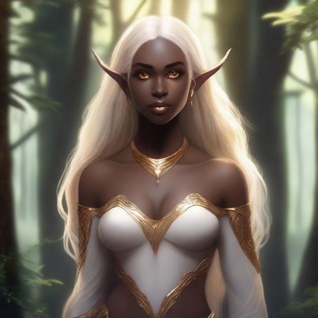 A strong, dark-skinned half-elf woman with pointed ears, long blonde hair, and bright white eyes