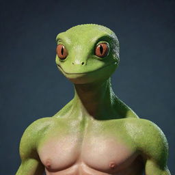 An animated design of a character with a well-defined chest and the head of a gecko.