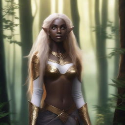 A strong, dark-skinned half-elf woman with pointed ears, long blonde hair, and bright white eyes