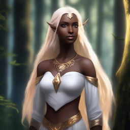 A strong, dark-skinned half-elf woman with pointed ears, long blonde hair, and bright white eyes