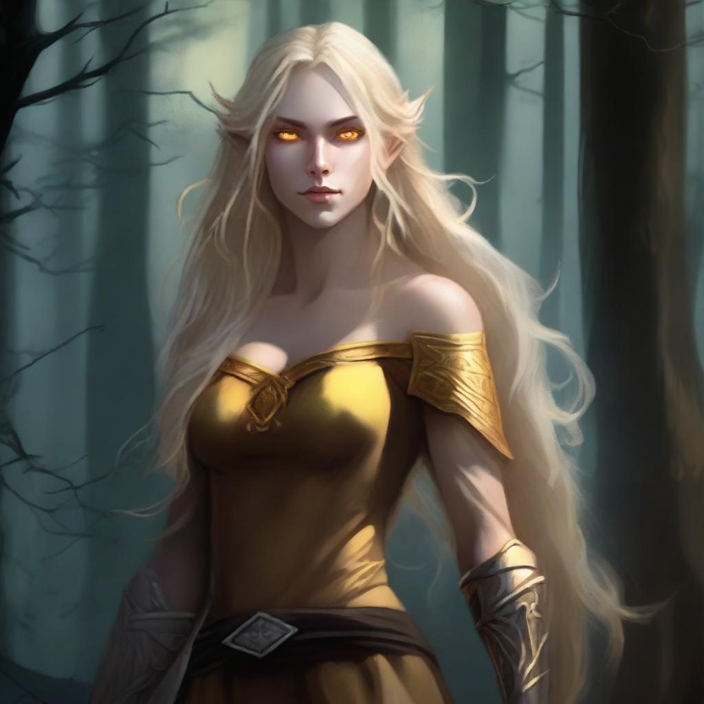 A strong half-elf woman of the shadows with long blonde hair, glowing yellow eyes, and golden scars across her body