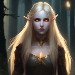 A strong half-elf woman of the shadows with long blonde hair, glowing yellow eyes, and golden scars across her body