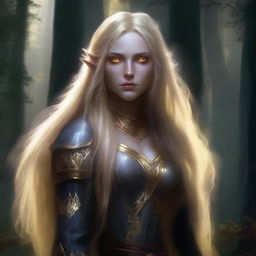 A strong half-elf woman of the shadows with long blonde hair, glowing yellow eyes, and golden scars across her body