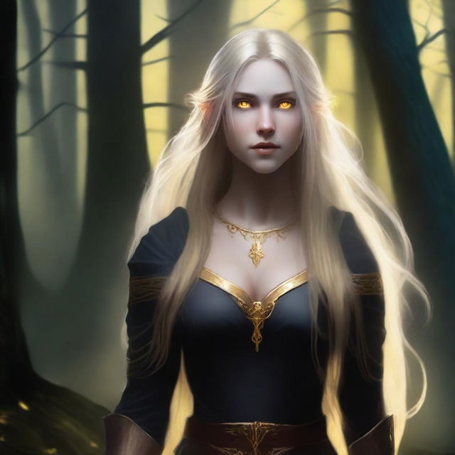 A strong half-elf woman of the shadows with long blonde hair, glowing yellow eyes, and golden scars across her body