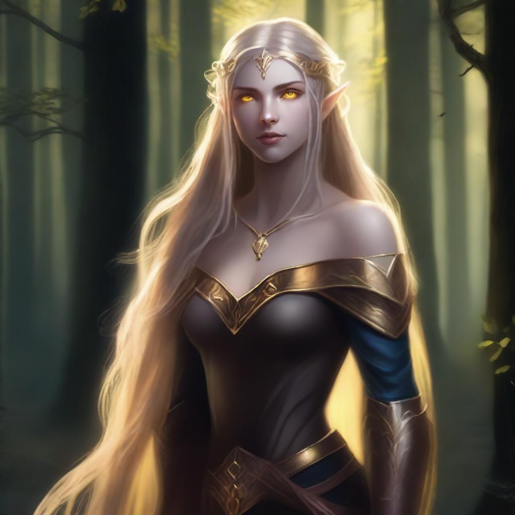 A strong half-elf woman of the shadows with long blonde hair, glowing yellow eyes, and golden scars across her bronzed skin