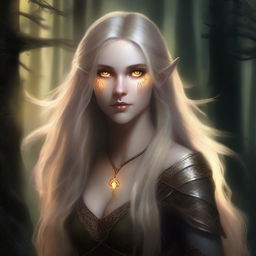 A strong half-elf woman of the shadows with long blonde hair, glowing yellow eyes, and golden scars across her bronzed skin