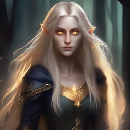 A strong half-elf woman of the shadows with long blonde hair, glowing yellow eyes, and golden scars across her bronzed skin