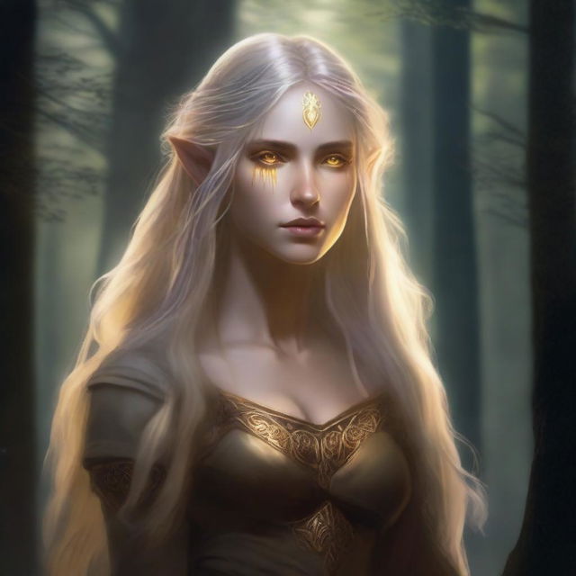 A strong half-elf woman of the shadows with long blonde hair, glowing yellow eyes, and golden scars across her bronzed skin