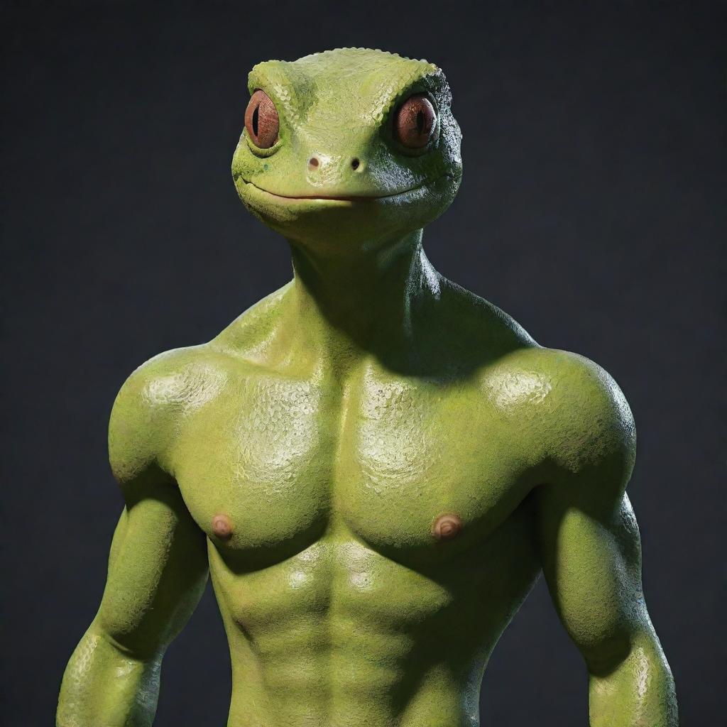 An animated design of a character with a well-defined chest and the head of a gecko.