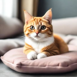 A tiny, adorable cat sitting on a soft cushion