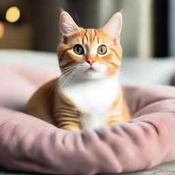 A tiny, adorable cat sitting on a soft cushion