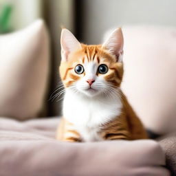 A tiny, adorable cat sitting on a soft cushion