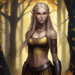 A shadowy half-elf woman with long braided blonde hair, bright yellow eyes, and golden scars across her bronzed skin