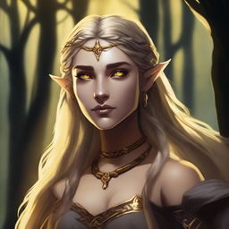 A shadowy half-elf woman with long braided blonde hair, bright yellow eyes, and golden scars across her bronzed skin