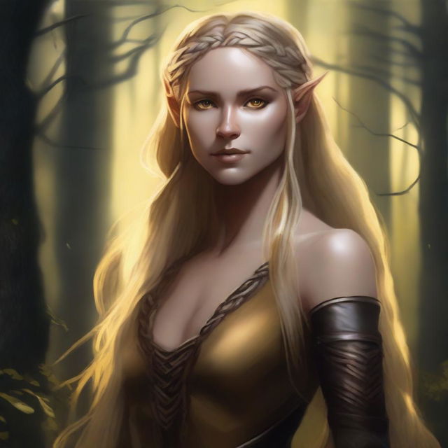 A shadowy half-elf woman with long braided blonde hair, bright yellow eyes, and golden scars across her bronzed skin