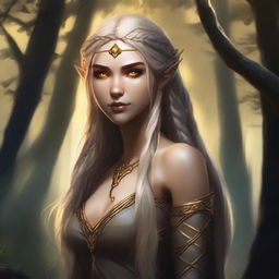 A shadowy half-elf woman with long braided blonde hair, bright yellow eyes, and golden scars across her bronzed skin