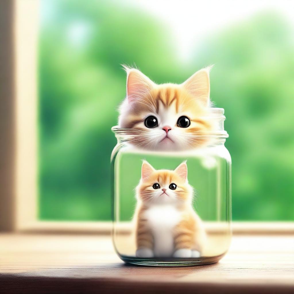 A tiny, adorable cat sitting inside a glass mason jar