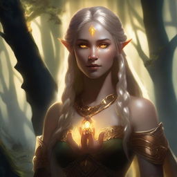 A shadowy half-elf woman with long braided blonde hair, glowing yellow eyes, and golden scars on her bronzed skin