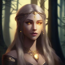 A shadowy half-elf woman with long braided blonde hair, glowing yellow eyes, and golden scars on her bronzed skin