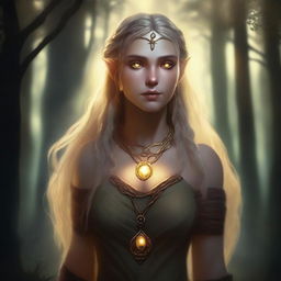 A shadowy half-elf woman with long braided blonde hair, glowing yellow eyes, and golden scars on her bronzed skin