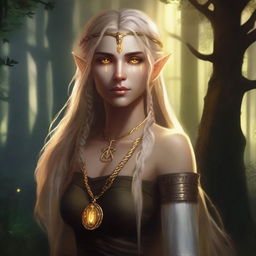 A shadowy half-elf woman with long braided blonde hair, glowing yellow eyes, and golden scars on her bronzed skin