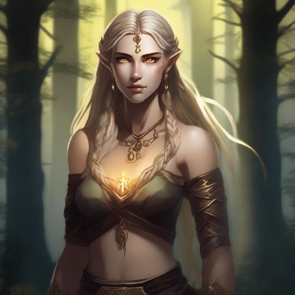 A strong half-elf woman with long braided blonde hair, bright yellow eyes, and golden scars across her bronzed skin