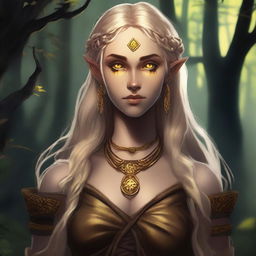 A strong half-elf woman with long braided blonde hair, bright yellow eyes, and golden scars across her bronzed skin