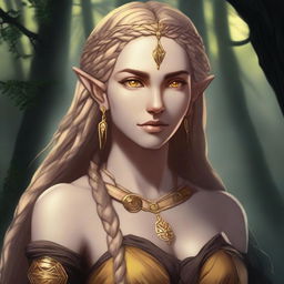 A strong half-elf woman with long braided blonde hair, bright yellow eyes, and golden scars across her bronzed skin