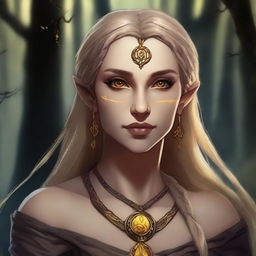 A strong half-elf woman with long braided blonde hair, bright yellow eyes, and golden scars across her bronzed skin