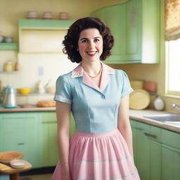 Ellie Kendrick dressed as a 1950s housewife, wearing a vintage dress with a full skirt, apron, and pearls