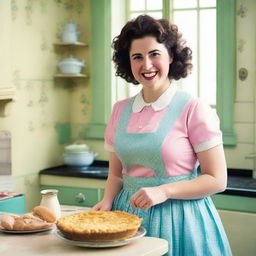 Ellie Kendrick dressed as a 1950s housewife, wearing a vintage dress with a full skirt, apron, and pearls