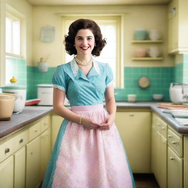 Ellie Kendrick dressed as a 1950s housewife, wearing a vintage dress with a full skirt, apron, and pearls