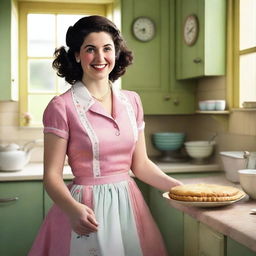 Ellie Kendrick dressed as a 1950s housewife, wearing a vintage dress with a full skirt, apron, and pearls