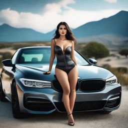 A sexy woman posing for a photo on top of a BMW car