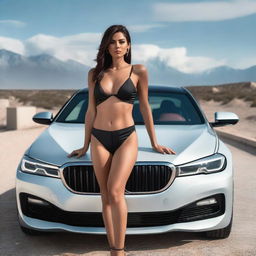 A sexy woman posing for a photo on top of a BMW car