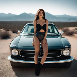 A sexy woman posing for a photo on top of a BMW car