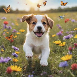 Generate an image of a playful puppy chasing butterflies in a sun-soaked meadow filled with colorful wildflowers.