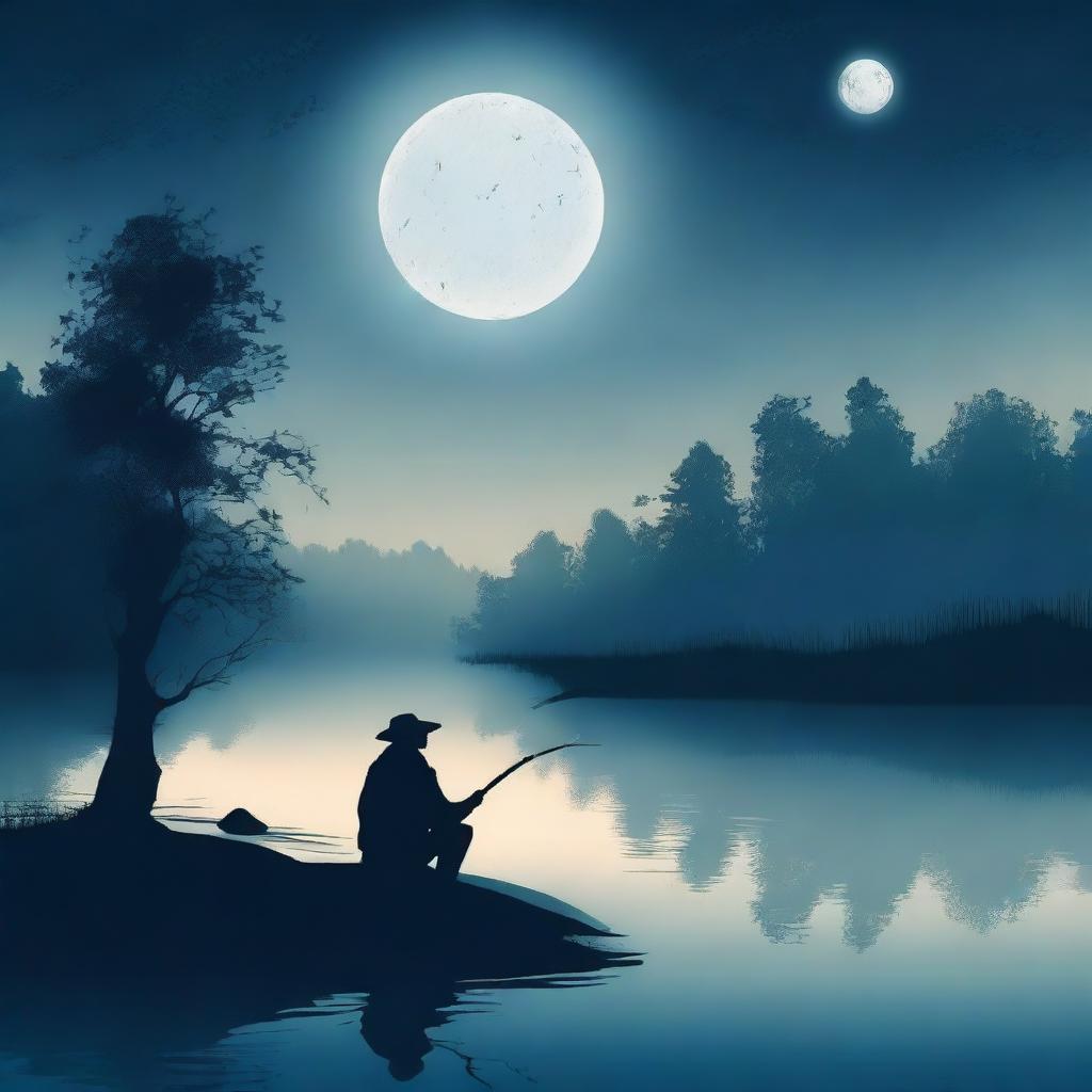 Create a book cover design featuring a lonely fisherman sitting by a creek, fishing in the dark under the moonlight