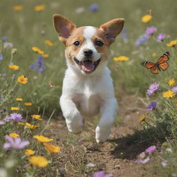 Generate an image of a playful puppy chasing butterflies in a sun-soaked meadow filled with colorful wildflowers.