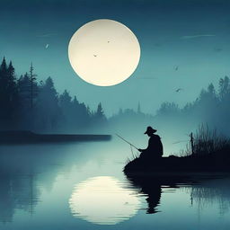 Create a book cover design featuring a lonely fisherman sitting by a creek, fishing in the dark under the moonlight