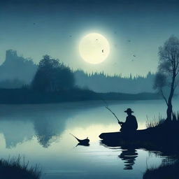 Create a book cover design featuring a lonely fisherman sitting by a creek, fishing in the dark under the moonlight