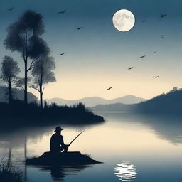 Create a book cover design featuring a lonely fisherman sitting by a creek, fishing in the dark under the moonlight