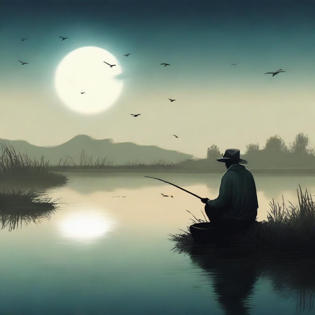 Create a book cover design featuring a lonely fisherman sitting by a creek, fishing in the dark under the moonlight