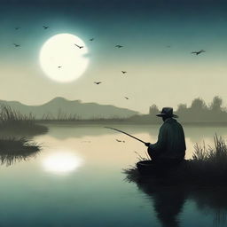 Create a book cover design featuring a lonely fisherman sitting by a creek, fishing in the dark under the moonlight