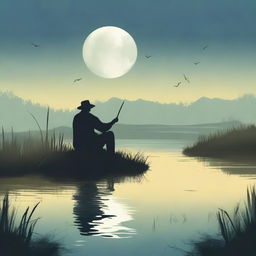 Create a book cover design featuring a lonely fisherman sitting by a creek, fishing in the dark under the moonlight