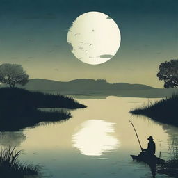 Create a book cover design featuring a lonely fisherman sitting by a creek, fishing in the dark under the moonlight