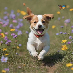 Generate an image of a playful puppy chasing butterflies in a sun-soaked meadow filled with colorful wildflowers.