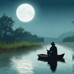 Create a book cover design featuring a lonely fisherman sitting by a creek, fishing in the dark under the moonlight