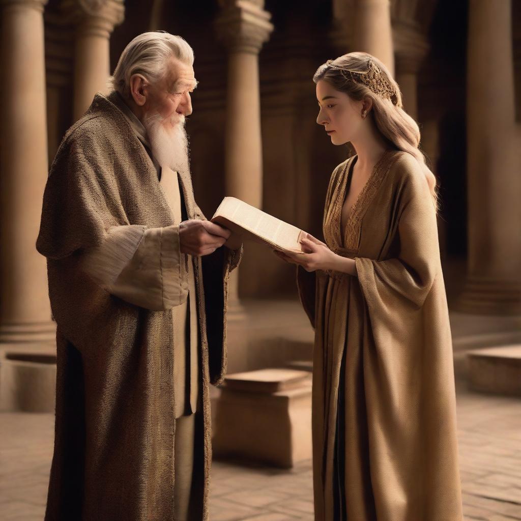 Ian McKellen, dressed in robes and attire from an ancient civilization, is handing a golden glowing book to Anya Taylor-Joy