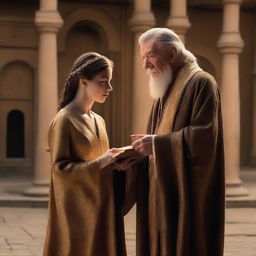 Ian McKellen, dressed in robes and attire from an ancient civilization, is handing a golden glowing book to Anya Taylor-Joy